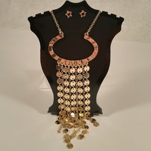 Necklace earring set gold tassel long U-shape star